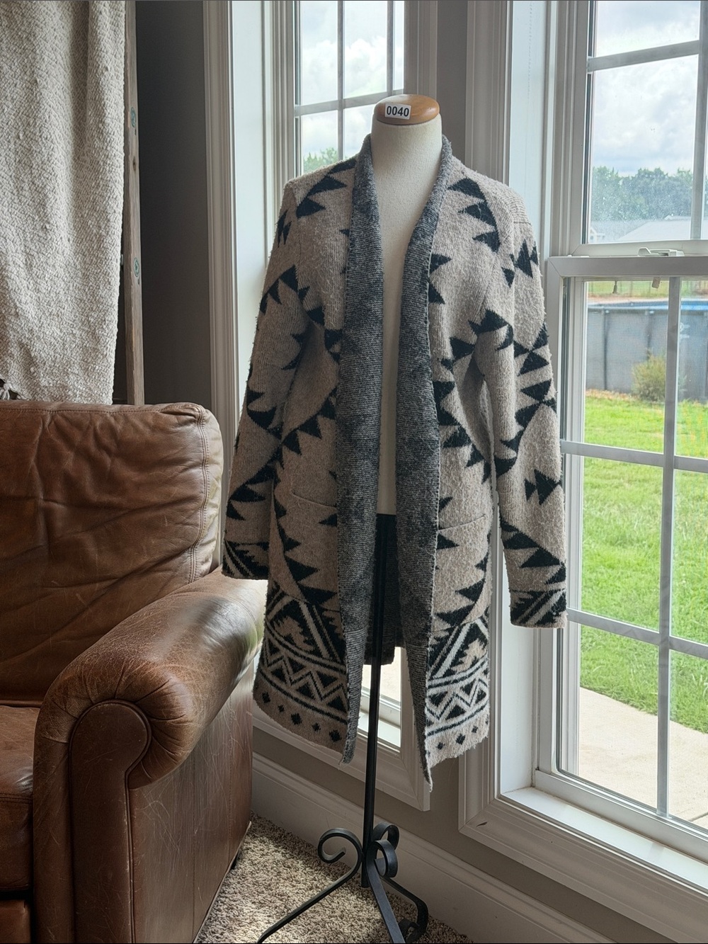 Frye Black and Cream Geometric Open-Front Cardigan